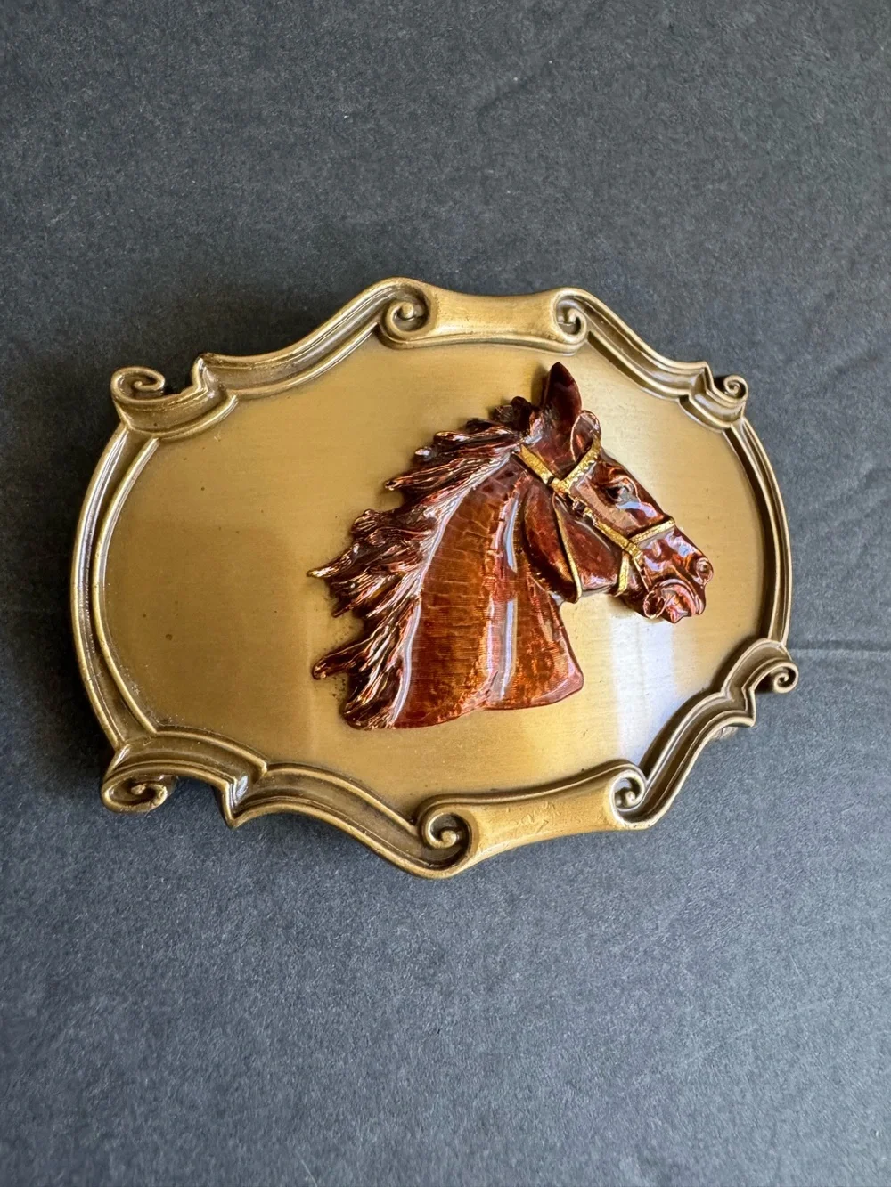 Vintage Western Belt Buckle Horse Head Mustang Pony Raintree 1980s Enamel USA